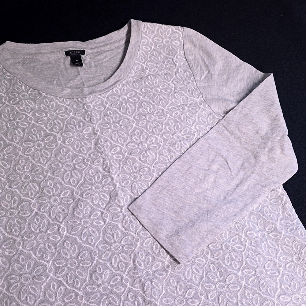 J.Crew Top Women Medium Gray Floral Eyelet Lace Long Sleeve Cotton
